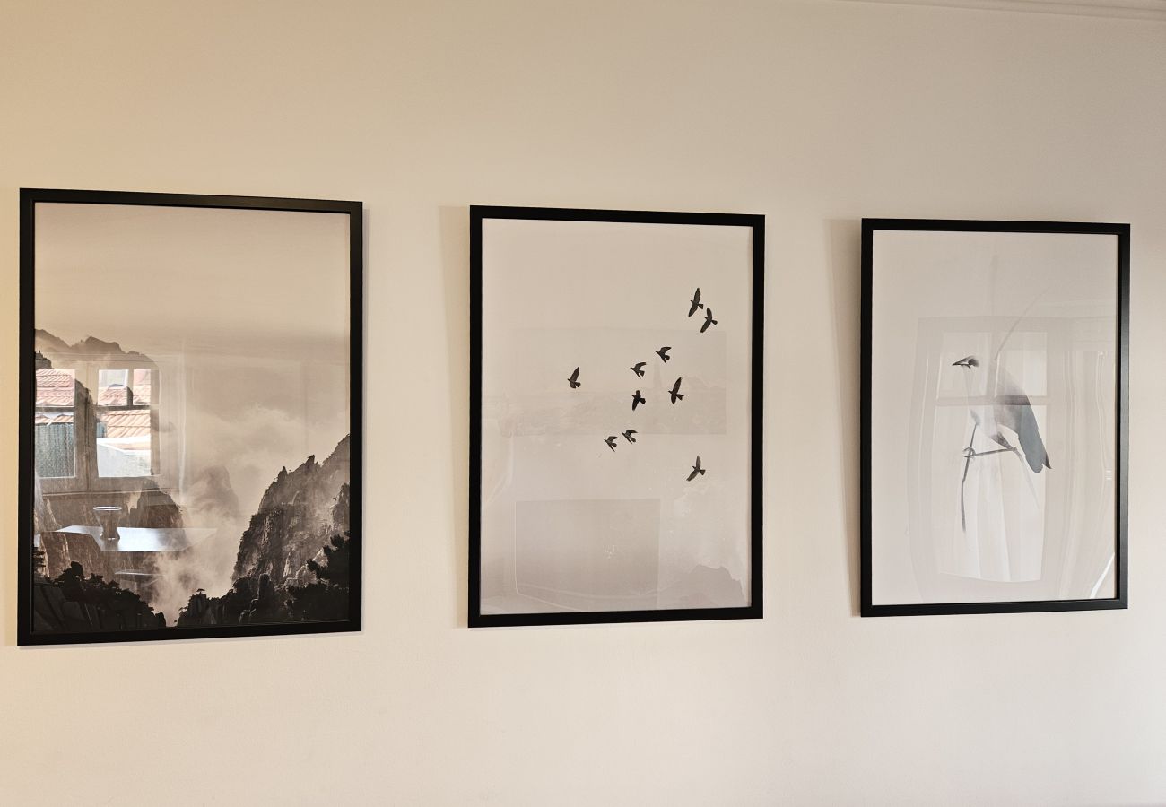 Parede do apartamento decorada com três fotografias artísticas em molduras elegantes.