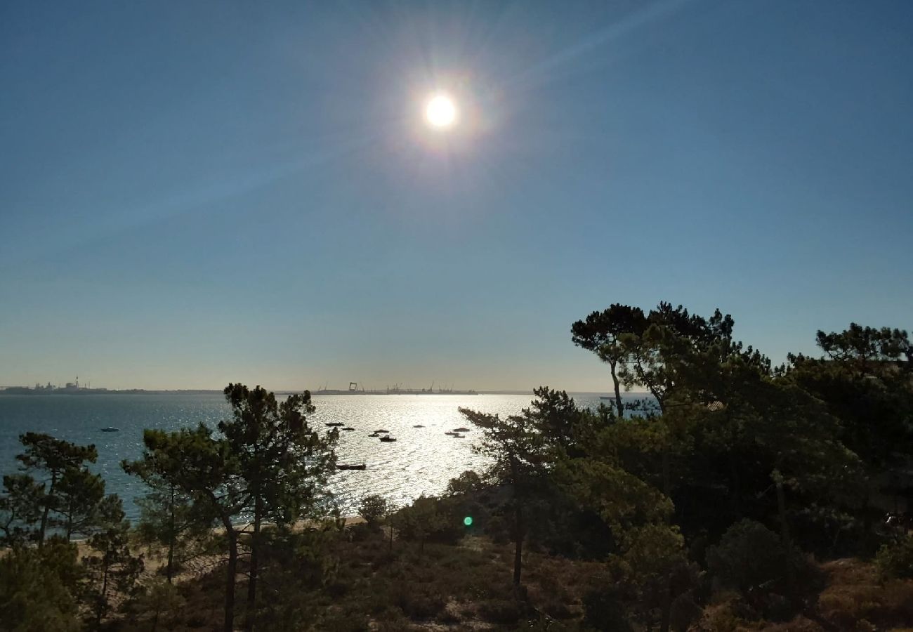 Vista do terraço com o sol refletindo no mar, cercado por pinheiros e vegetação nativa, criando uma atmosfera serena ao entardecer.