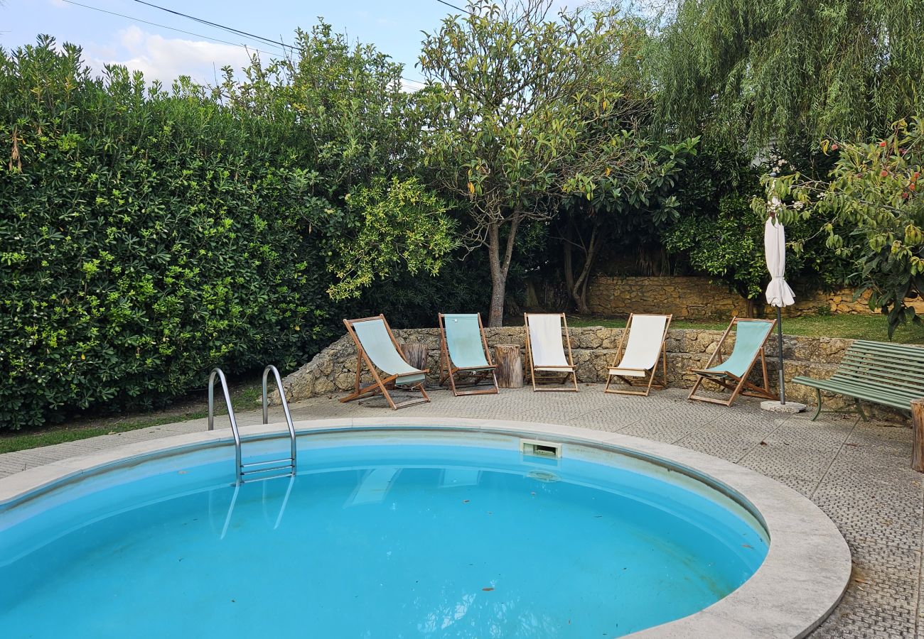 Blue pool surrounded by lounge chairs and lush vegetation. 