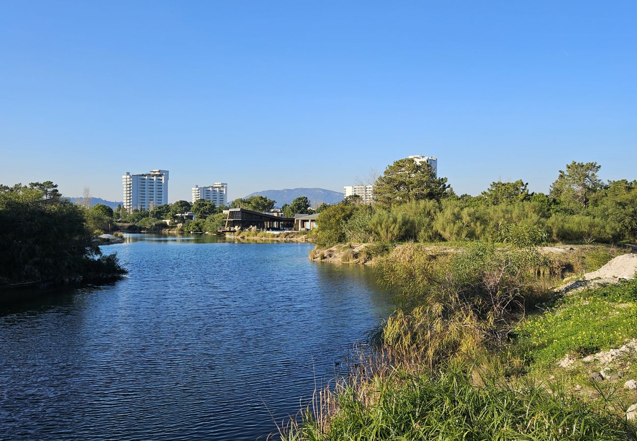 Lake surrounded by natural vegetation with buildings and mountains in the background, captured on a sunny day.