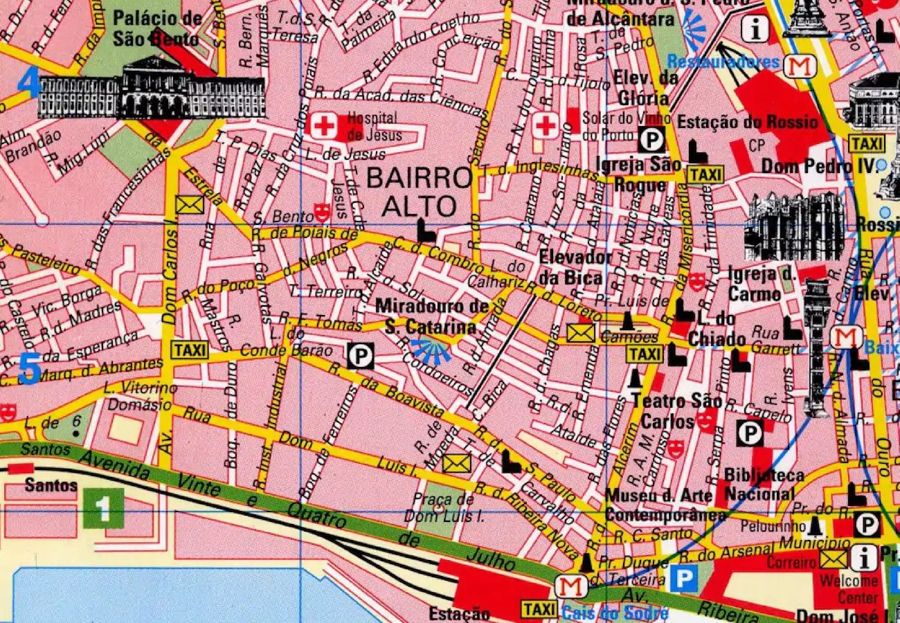 Detailed map of Lisbon city center highlighting historic neighborhoods, tourist attractions, and public transport.