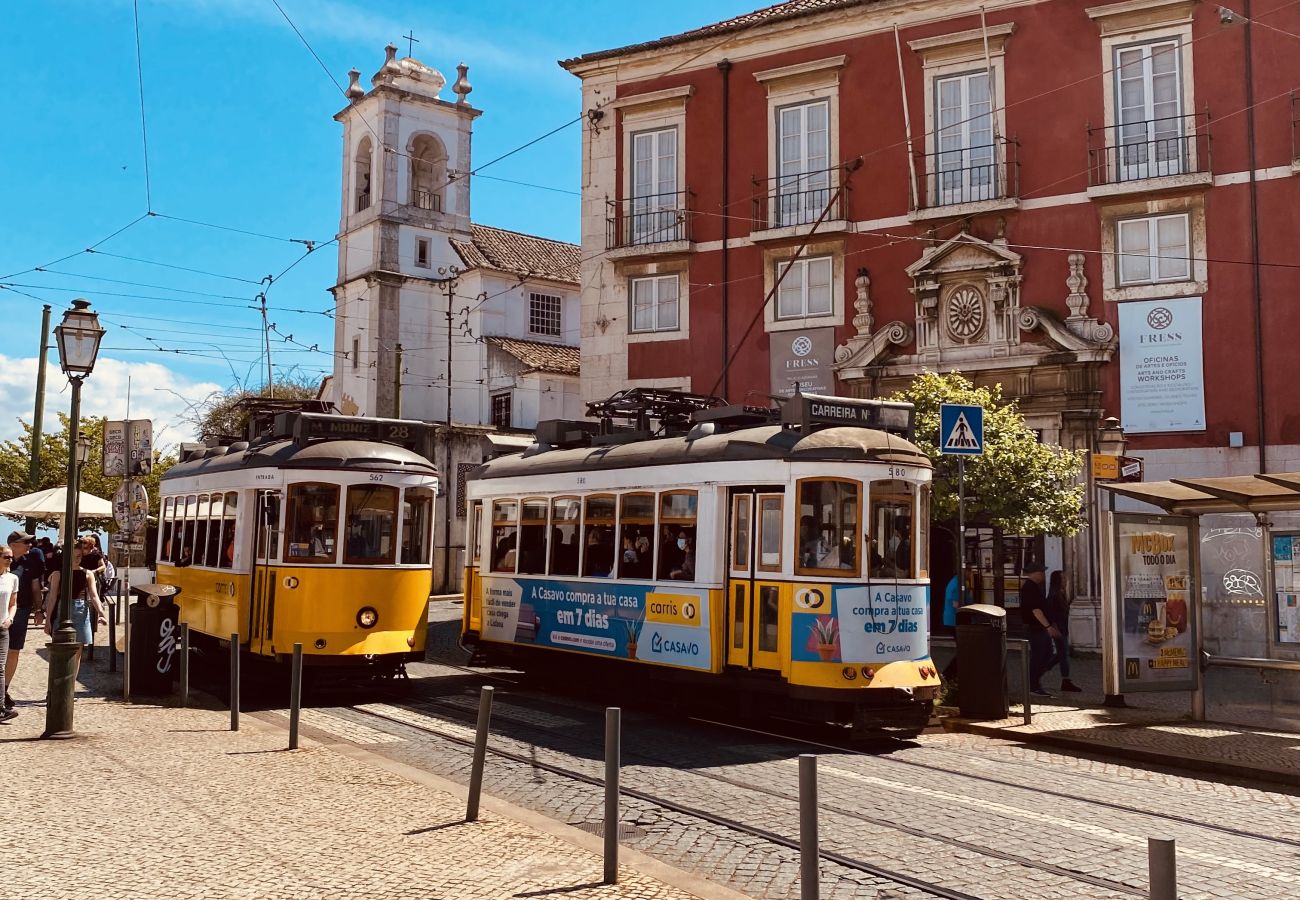 Iconic yellow trams running through the streets of Lisbon on a sunny day, with historic architecture in the background.