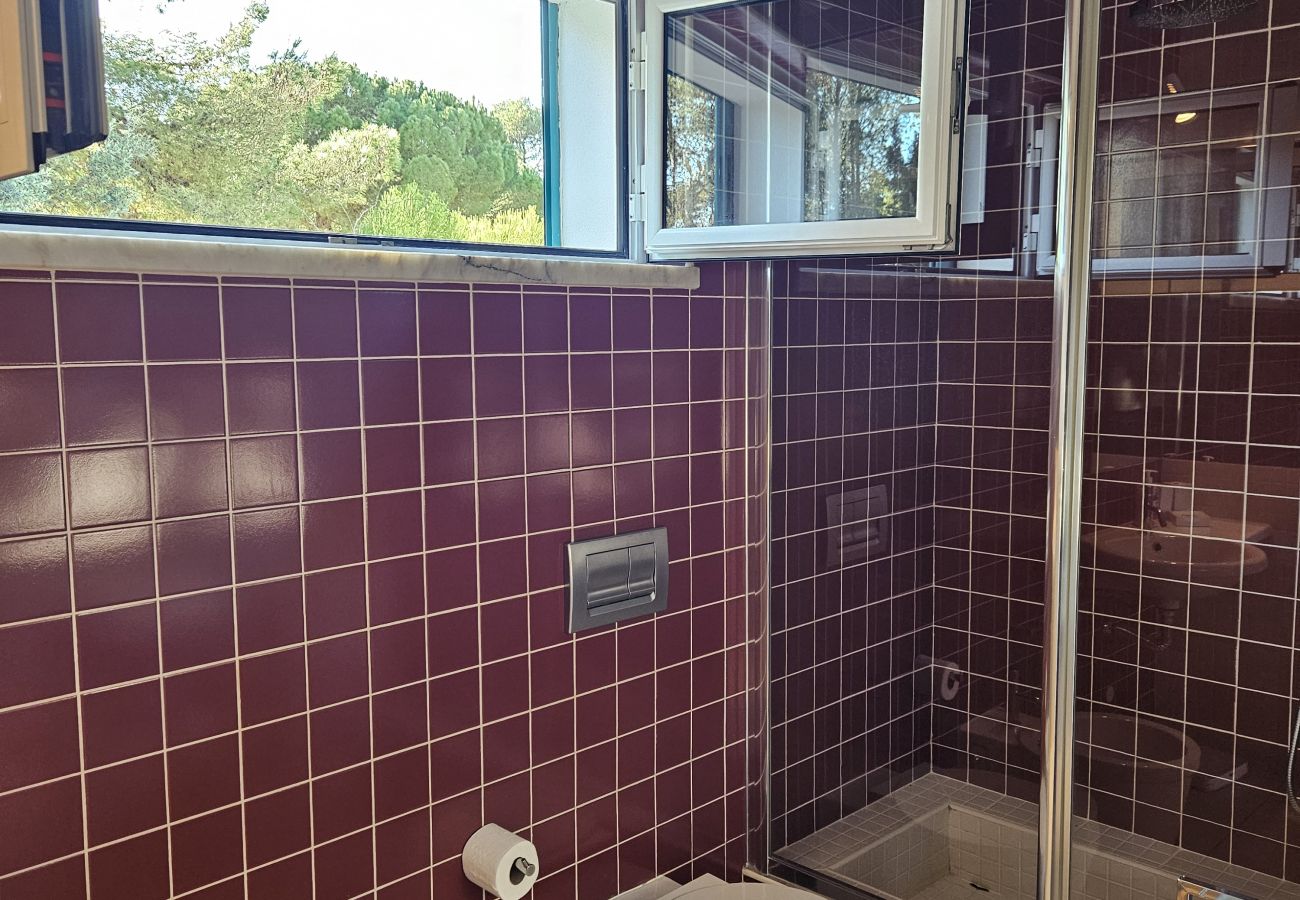 Stylish bathroom with dark tiles, glass shower enclosure, and a large window with an outdoor view.