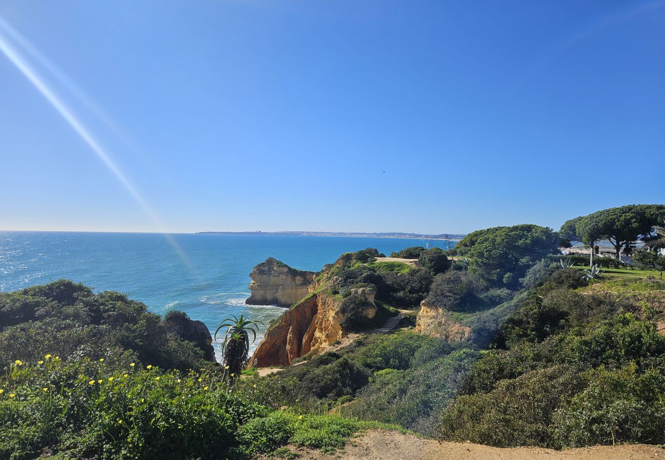 Panoramic view of cliffs covered in greenery, with a bright blue ocean in the background and white houses among the trees.