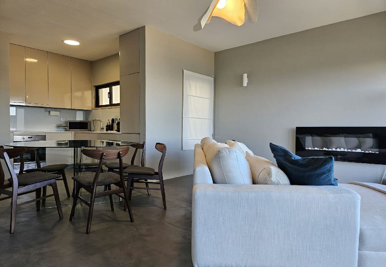  Modern living room with a comfortable sofa, built-in fireplace, and open kitchen with a dining table.