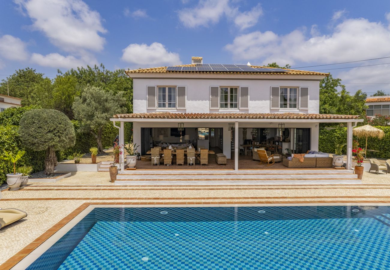 Front view of an elegant house with a swimming pool and cozy outdoor area, surrounded by lush greenery and stylish decor.