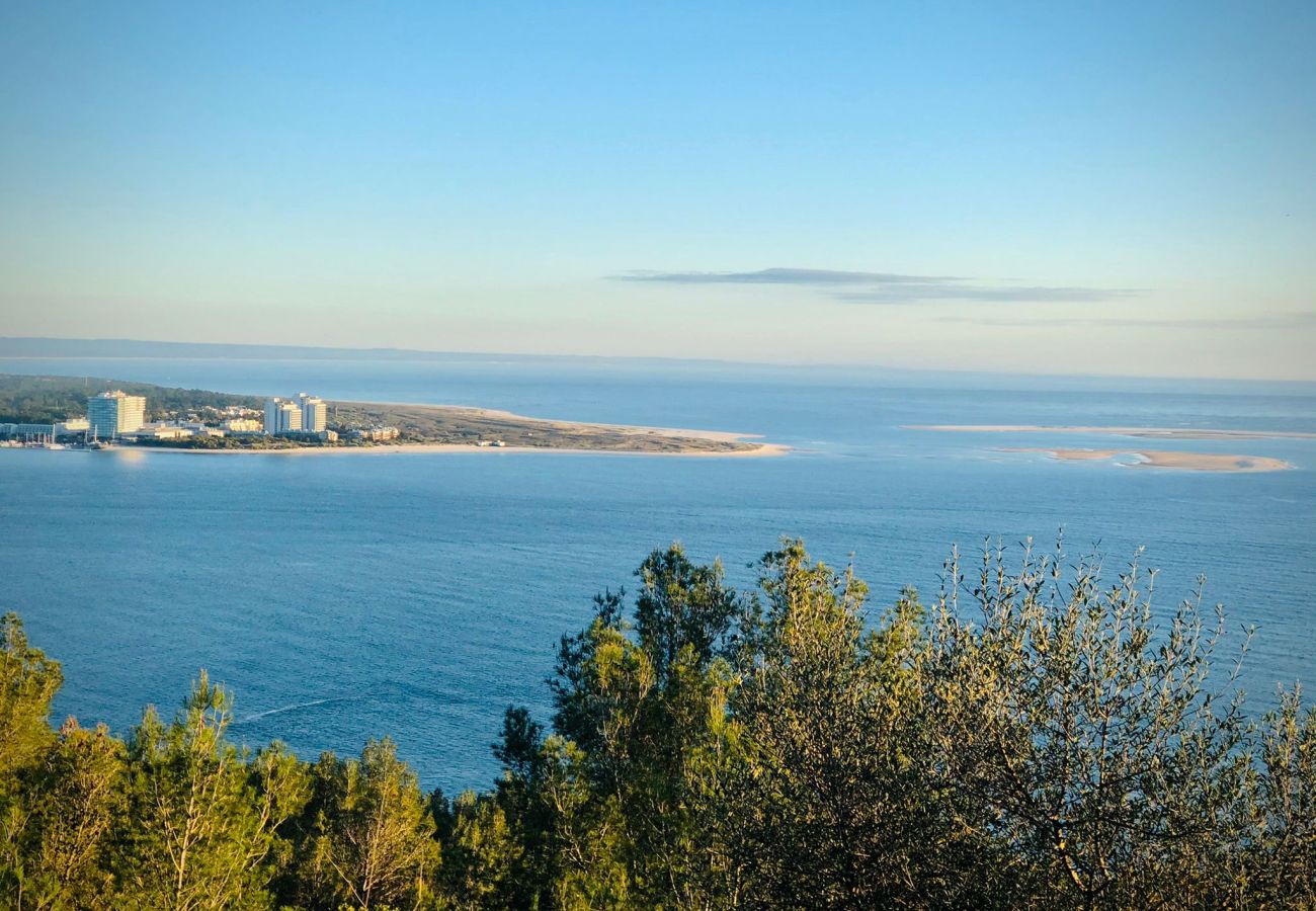 Panoramic aerial view of the beach with golden sand and blue sea under a clear sky.