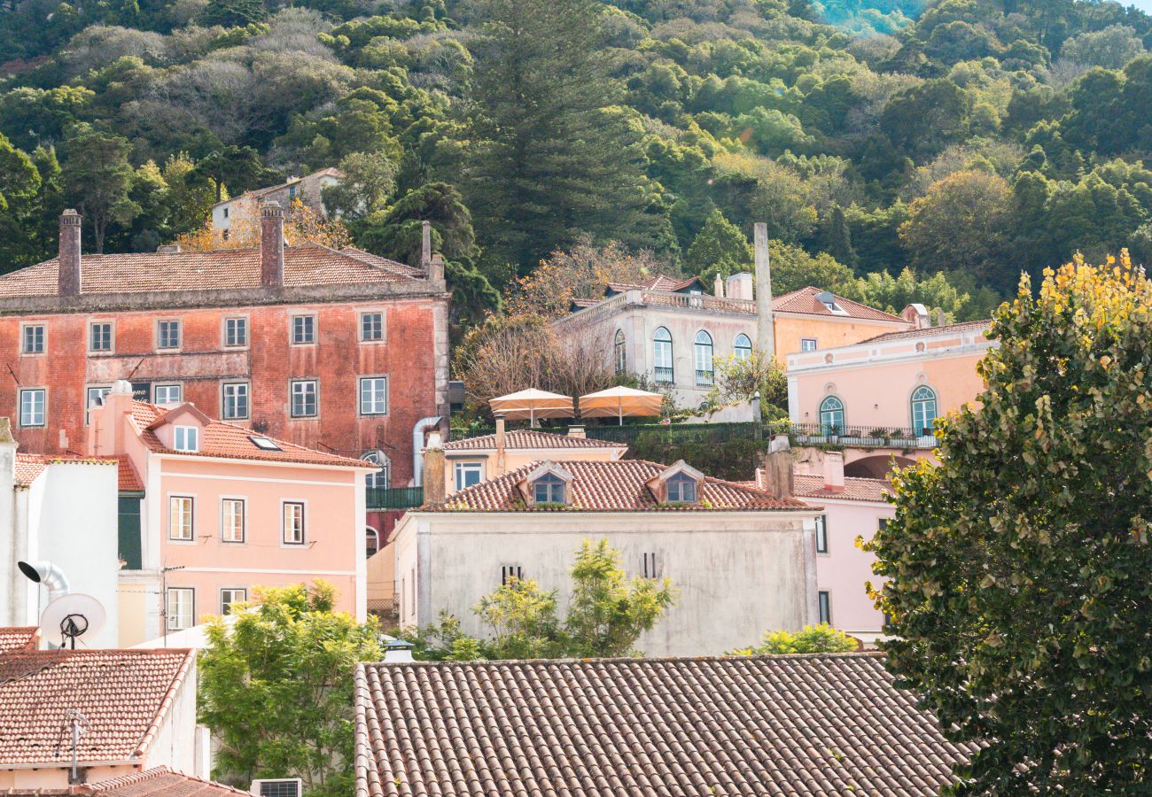 View of Sintra with colorful buildings and lush green hills in the background.