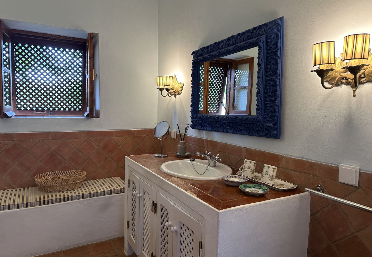 Charming bathroom with rustic tiles, built-in sink counter, carved blue mirror, classic wall lighting, wooden lattice windows, and a decorative built-