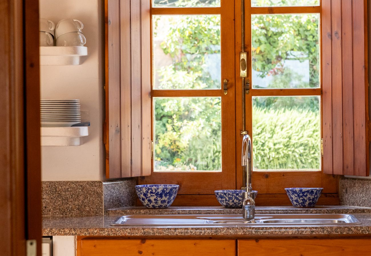 Rustic wooden window open above the kitchen sink, overlooking a green garden, with dishes on the shelves and a metallic faucet.