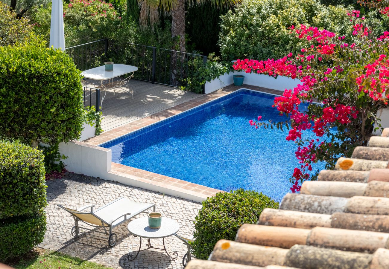 Aerial view of a blue swimming pool surrounded by tropical plants and outdoor furniture in Almancil.