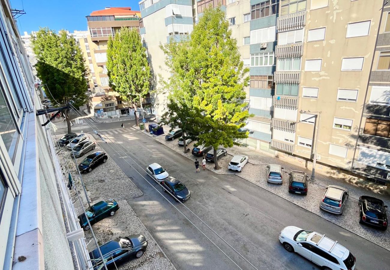 View from the balcony overlooking a quiet street, with modern buildings, aligned trees on the sidewalk, and parked cars.