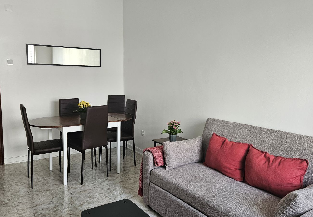 Bright living room featuring a cozy gray sofa, red cushions, wooden coffee table, black chair, and a decorative plant by the window.
